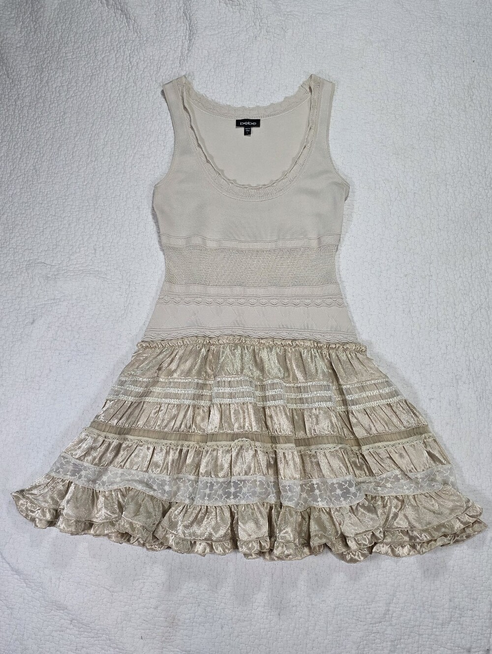 Bebe Cream Satin Ruffle-Tier Mini Dress